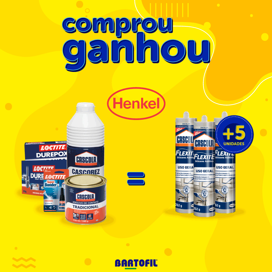 Banner da Promoção Comprou Ganhou, Cola adesivo silicone 252g Transparente Flexite Henkel