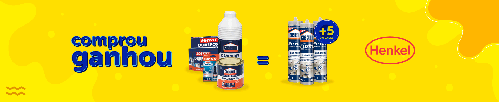 Banner da Promoção Comprou Ganhou, Cola adesivo silicone 252g Transparente Flexite Henkel