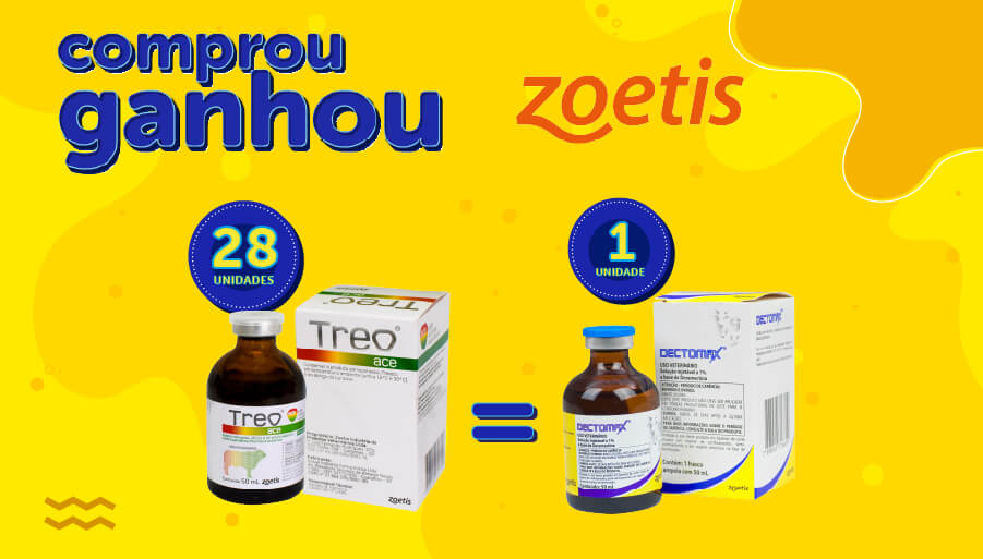 Banner da Promoção Comprou Ganhou, A cada 28 unidades compradas do TREO ACE 50ML ZOETIS (Cód. 132859), ganhe 01 unidade do DECTOMAX INJ 050ML ZOETIS (Cód. 127285).
