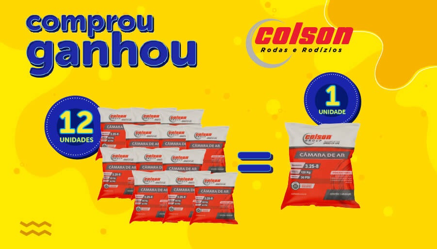 Banner da Promoção Comprou Ganhou, compre 12 câmara ar colson e ganhe 01 unidade do mesmo produto