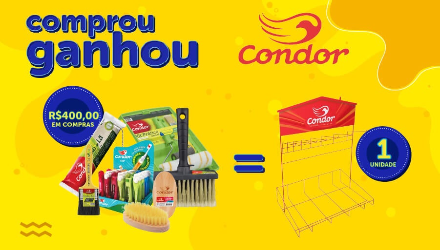Banner-Comprou-Ganhou-Condor-Expositor-Balcão-Trinchas Banner da Promoção Comprou Ganhou, compre R$400,00 ou mais em produtos condor e ganhe 01 expositor