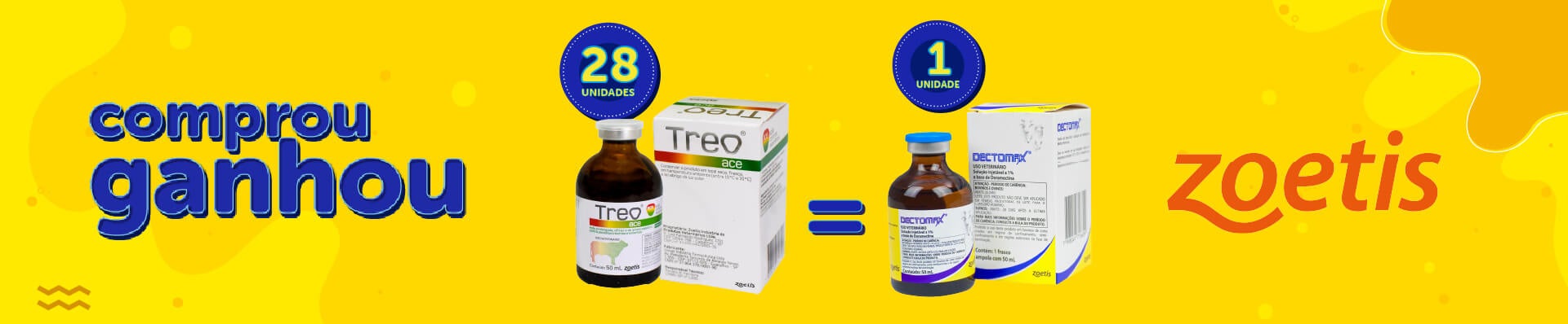Banner da Promoção Comprou Ganhou, A cada 28 unidades compradas do TREO ACE 50ML ZOETIS (Cód. 132859), ganhe 01 unidade do DECTOMAX INJ 050ML ZOETIS (Cód. 127285).