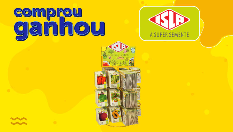 Banner-Comprou-Ganhou-Isla-Expositor-24-Ganchos Banner da Promoção Comprou Ganhou, compre produtos isla informados e ganhe expositor semente 24 ganchos