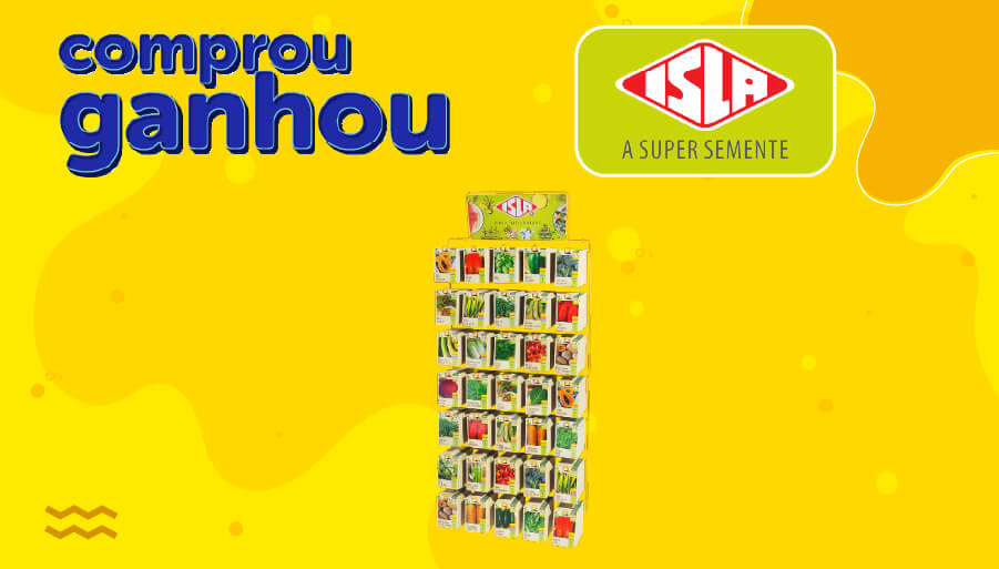 Banner-Comprou-Ganhou-Isla-Expositor-35-Ganchos Banner da Promoção Comprou Ganhou, compre produtos isla e ganhe expositor semente 35 ganchos