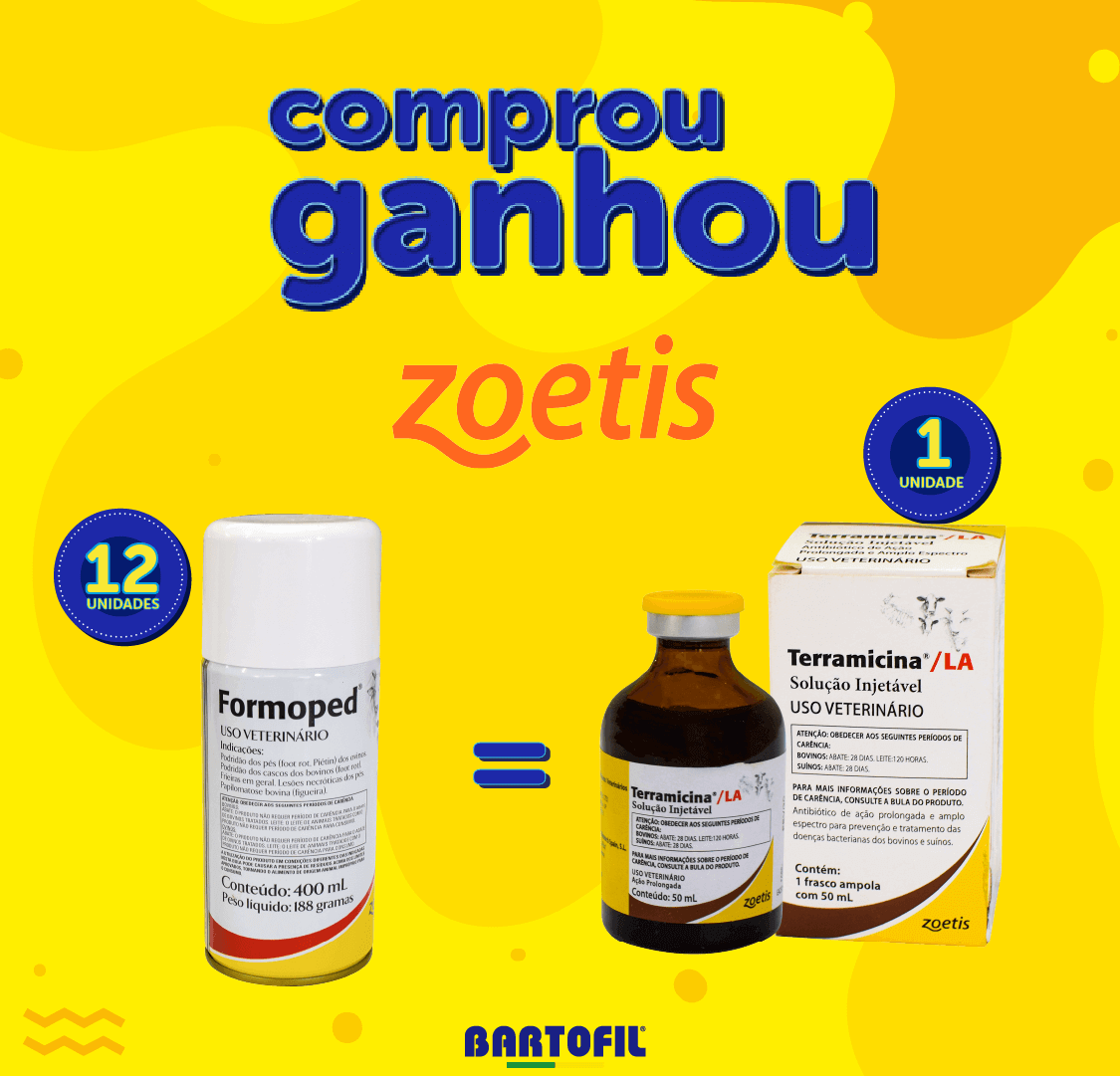 Banner da Promoção Comprou Ganhou, compre formoped aerossol zoetis e ganhe terramicina solução injetável zoetis