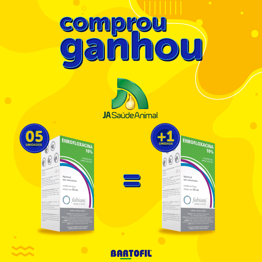 Banner da Promoção Comprou Ganhou, compre 05 unidades do Enrofloxacina JA Saúde Animal e ganhe 1 unidade