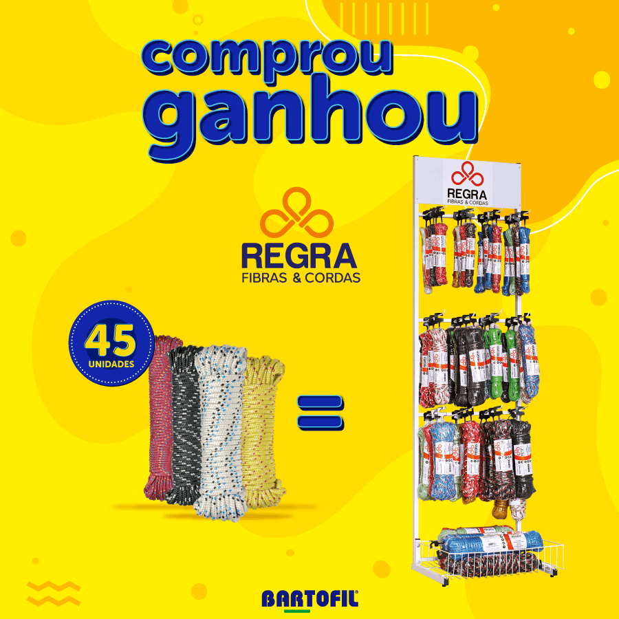 Banner da Promoção Comprou Ganhou, compre 45 unidades de cordas Regra e ganhe um expositor para cordas