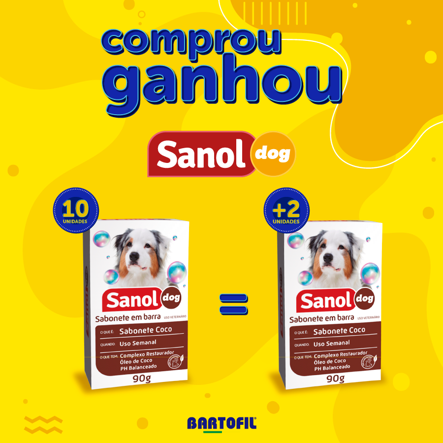 Banner da Promoção Comprou Ganhou, compre 10 unidades do Sabonete em Barra Sanol Dog e ganhe duas unidades