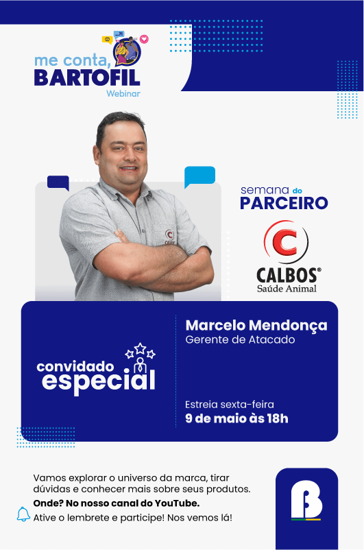 Me conta, Bartofil! Semana do parceiro Calbos, convidado especial: Marcelo Mendonça. Estreia sexta-feira, 9 de maio, às 18h, no nosso canal do Youtube. Clique para conferir a página do Webinar!